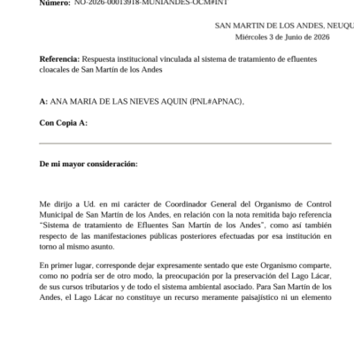 Respuesta institucional del Organismo de Control Municipal al Parque Nacional Lanín sobre el sistema de efluentes cloacales